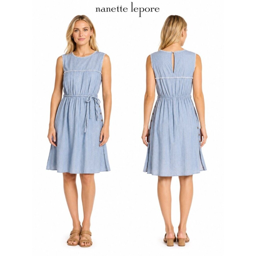 Nanette Lepore Chambray Cotton Embroidered Midi Dress Women Blue Sleeveless Size